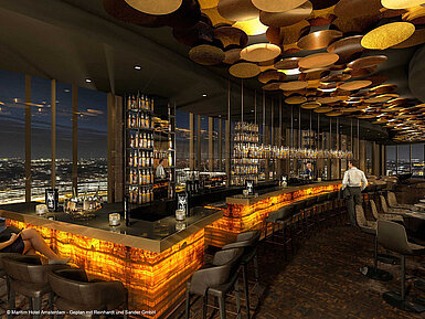 The modern "Noord" bar at the Maritim Hotel Amsterdam. With a chic counter, lounge furniture, and a great view