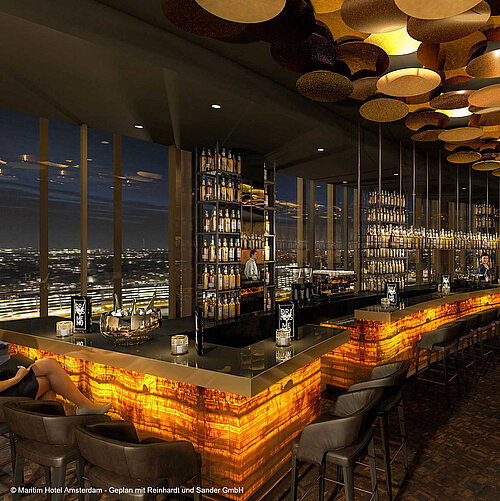 The modern "Noord" bar at the Maritim Hotel Amsterdam. With a chic counter, lounge furniture, and a great view