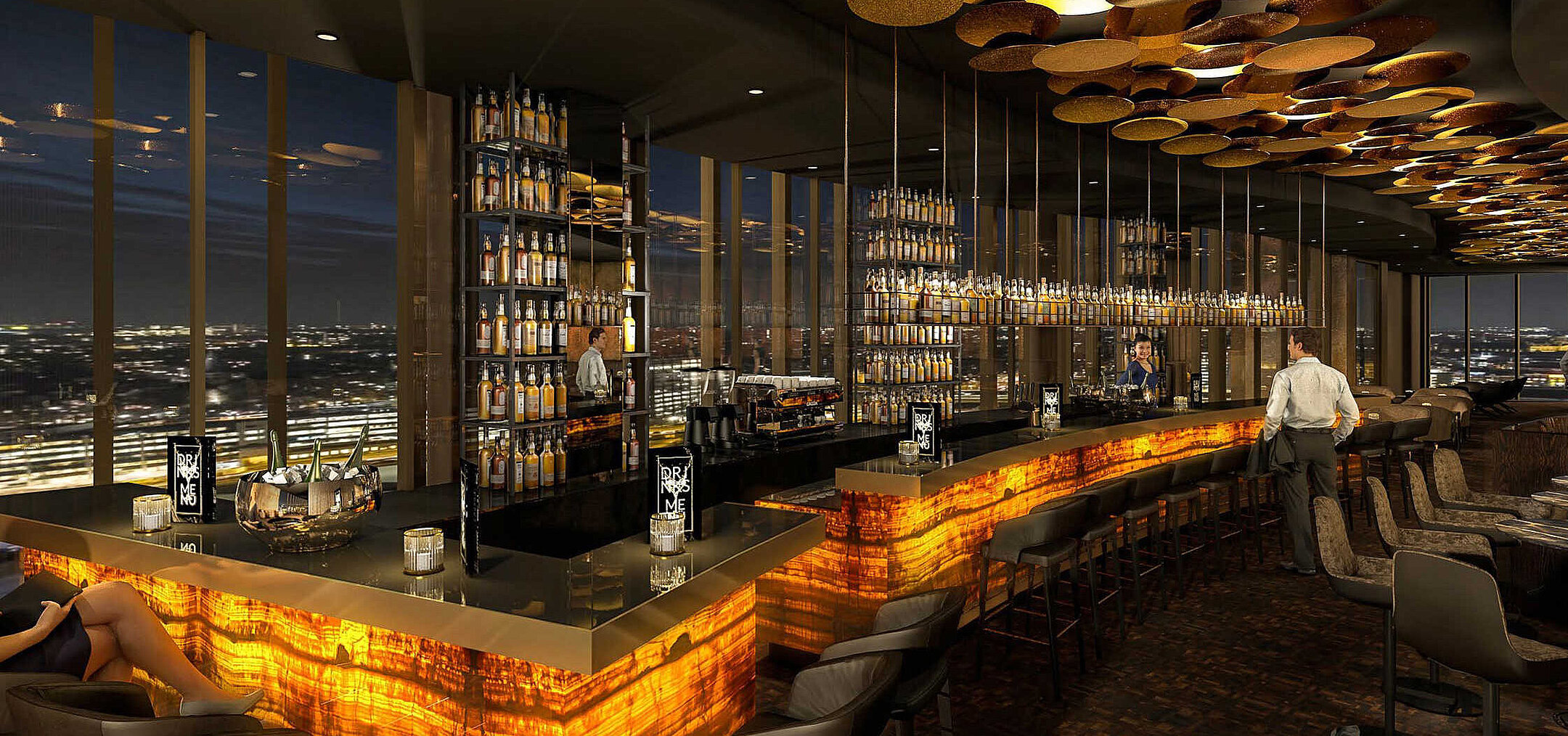 The modern "Noord" bar at the Maritim Hotel Amsterdam. With a chic counter, lounge furniture, and a great view