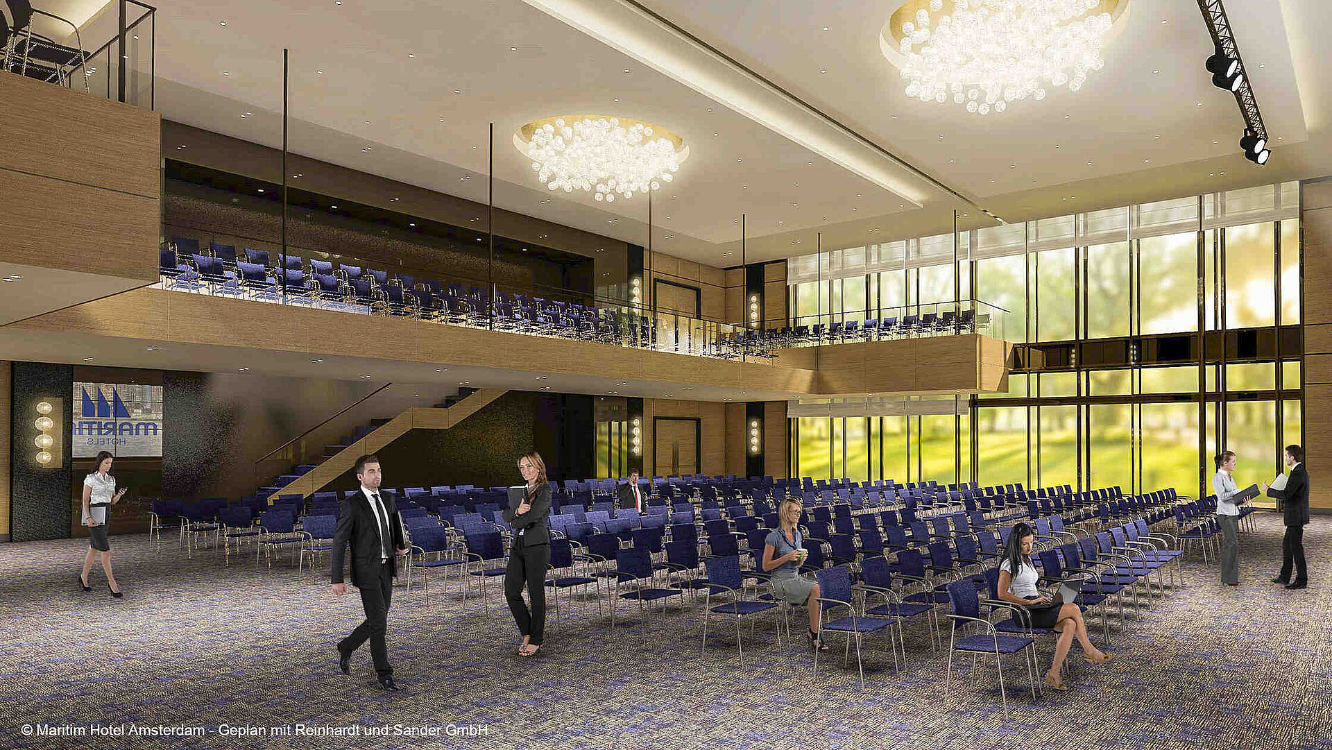 Modern conference hall at Maritim Hotel Amsterdam with glass front and gallery