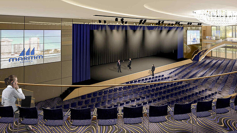 Large conference hall at Maritim Hotel Amsterdam with stage and seating
