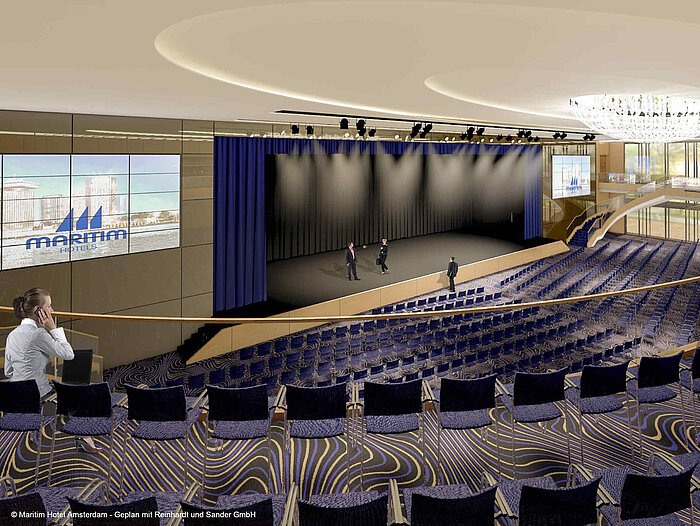 Large conference hall at Maritim Hotel Amsterdam with stage and seating
