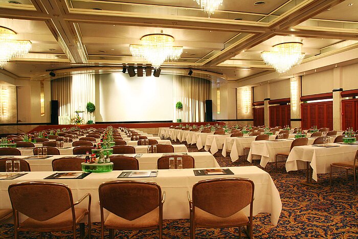 Large conference hall at Maritim Hotel Bad Wildungen with stage and row seating