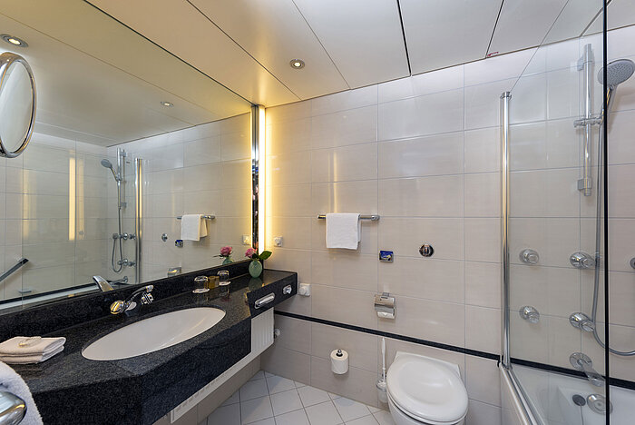 Bathroom Modern bathroom at Maritim Hotel Frankfurt with large mirror, stylish sink, and shower-bathtub.