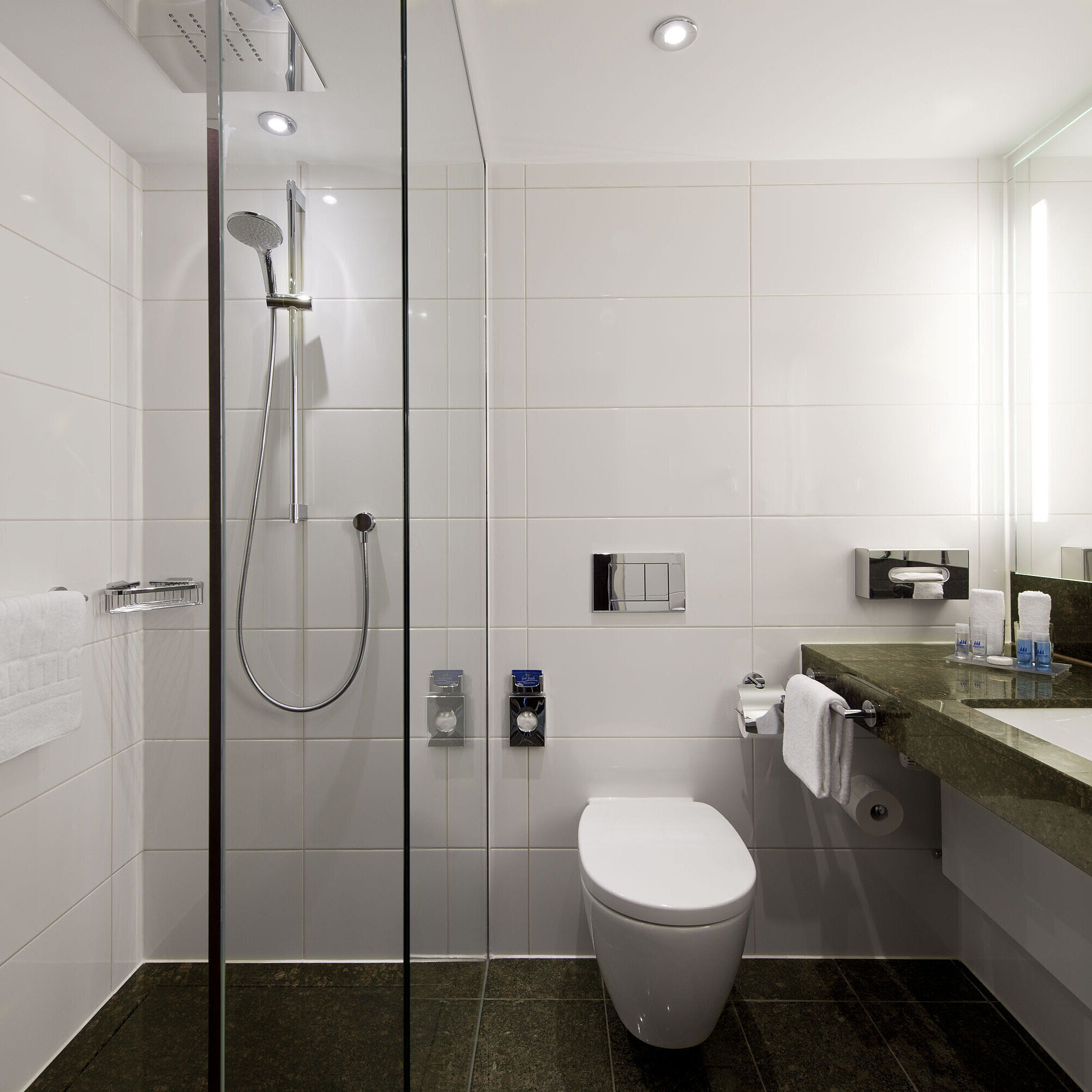 Bathroom with shower Elegant bathroom at Maritim Hotel Darmstadt with spacious rain shower, modern design, and dark granite countertop.