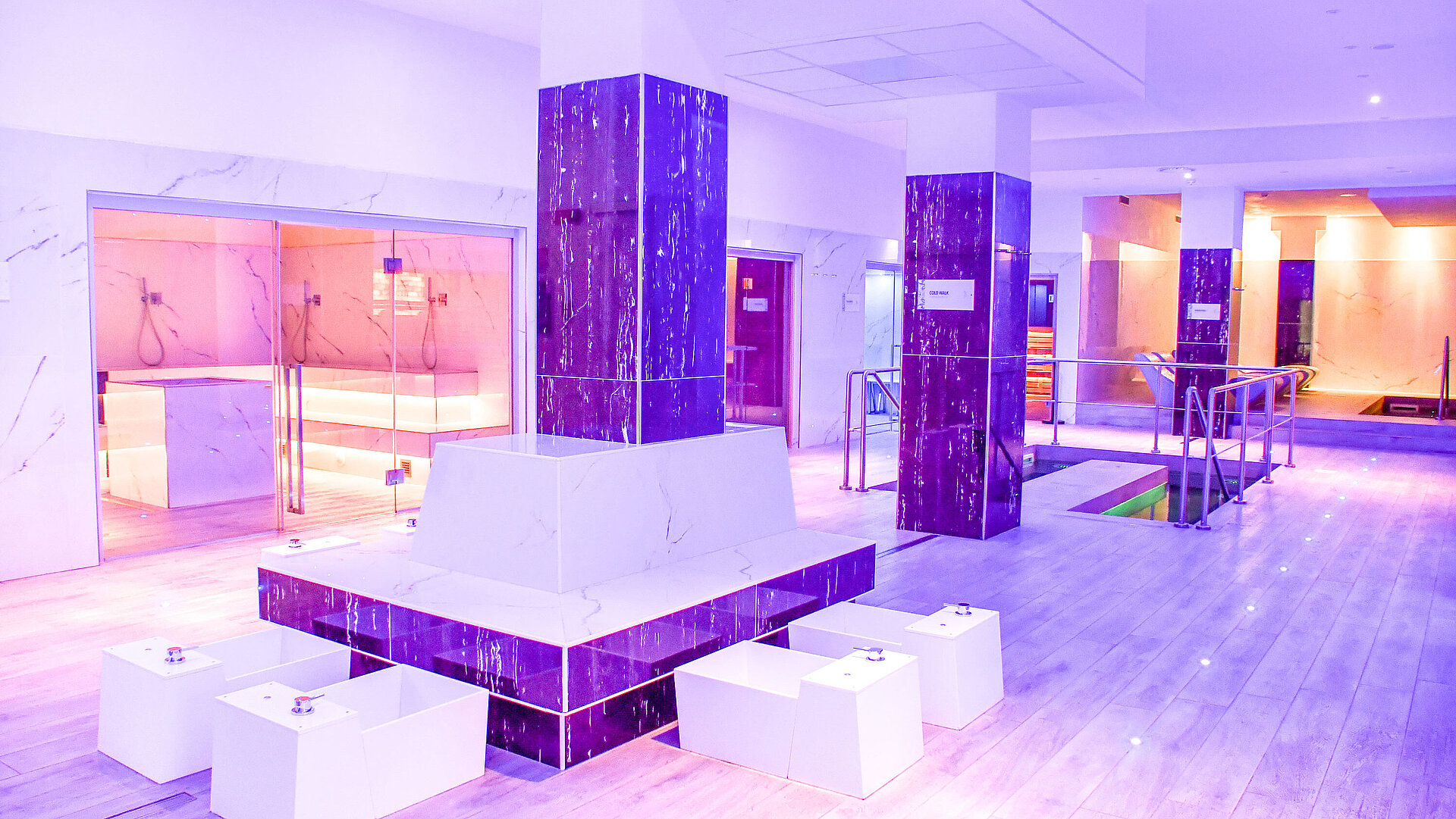 Foot baths and spa area Modern spa area with foot baths, saunas and stylish lighting at Maritim Resort Calabria