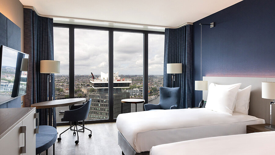 Modern twin room in Maritim Hotel Amsterdam with panoramic city and river view